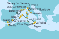 Visitando Barcelona, Palma de Mallorca (España), Mahón (Menorca/España), La Valletta (Malta), Mgarr (Malta), La Goulette (Tunez), Cagliari (Cerdeña), Olbia (Cerdeña), Bonifacio (Córcega/Francia), Civitavecchia (Roma), Portofino (Italia), Livorno, Pisa y Florencia (Italia), Cannes (Francia), Sanary Sur Mer (Francia), Melilla (España), Málaga, Cartagena (Murcia), Ibiza (España), Barcelona