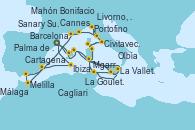 Visitando Barcelona, Palma de Mallorca (España), Mahón (Menorca/España), La Valletta (Malta), Mgarr (Malta), La Goulette (Tunez), Cagliari (Cerdeña), Olbia (Cerdeña), Bonifacio (Córcega/Francia), Civitavecchia (Roma), Portofino (Italia), Livorno, Pisa y Florencia (Italia), Cannes (Francia), Sanary Sur Mer (Francia), Melilla (España), Málaga, Cartagena (Murcia), Ibiza (España), Barcelona, Palma de Mallorca (España), Mahón (Menorca/España), La Valletta (Malta), Mgarr (Malta), La Goulette (Tunez), Cagliari (Cerdeña), Olbia (Cerdeña), Bonifacio (Córcega/Francia), Civitavecchia (Roma)