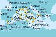 Visitando Civitavecchia (Roma), Portofino (Italia), Livorno, Pisa y Florencia (Italia), Cannes (Francia), Sanary Sur Mer (Francia), Melilla (España), Málaga, Cartagena (Murcia), Ibiza (España), Barcelona, Palma de Mallorca (España), Mahón (Menorca/España), La Valletta (Malta), Mgarr (Malta), La Goulette (Tunez), Cagliari (Cerdeña), Olbia (Cerdeña), Bonifacio (Córcega/Francia), Civitavecchia (Roma), Amalfi (Italia), Sarande (Albania), Gallipoli (Italia), Messina (Sicilia), Islas Eolias, Lipari (Sicilia), Trapani (Italia), Calvi (Córcega), Montecarlo (Mónaco)