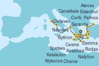 Visitando Atenas (Grecia), Gythion (Grecia), Chania (Creta/Grecia), Mykonos (Grecia), Cesme (Turquía), Kusadasi (Efeso/Turquía), Estambul (Turquía), Canakkale (Turquía), Esmirna (Turquía), Patmos (Grecia), Rodas (Grecia), Spetses (Grecia), Atenas (Grecia), Nafplion (Grecia), Katakolon (Olimpia/Grecia), Corfú (Grecia), Sarande (Albania), Nápoles (Italia), Civitavecchia (Roma)