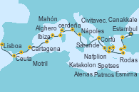 Visitando Estambul (Turquía), Canakkale (Turquía), Esmirna (Turquía), Patmos (Grecia), Rodas (Grecia), Spetses (Grecia), Atenas (Grecia), Nafplion (Grecia), Katakolon (Olimpia/Grecia), Corfú (Grecia), Sarande (Albania), Nápoles (Italia), Civitavecchia (Roma), Ajaccio (Córcega), Alghero (Cerdeña), Mahón (Menorca/España), Ibiza (España), Cartagena (Murcia), Motril (Granada/Andalucía), Ceuta (España), Lisboa (Portugal)