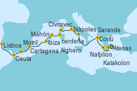 Visitando Atenas (Grecia), Nafplion (Grecia), Katakolon (Olimpia/Grecia), Corfú (Grecia), Sarande (Albania), Nápoles (Italia), Civitavecchia (Roma), Ajaccio (Córcega), Alghero (Cerdeña), Mahón (Menorca/España), Ibiza (España), Cartagena (Murcia), Motril (Granada/Andalucía), Ceuta (España), Lisboa (Portugal)