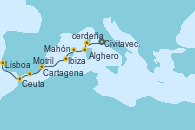 Visitando Civitavecchia (Roma), Ajaccio (Córcega), Alghero (Cerdeña), Mahón (Menorca/España), Ibiza (España), Cartagena (Murcia), Motril (Granada/Andalucía), Ceuta (España), Lisboa (Portugal)