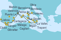 Visitando Barcelona, Palma de Mallorca (España), Mahón (Menorca/España), La Valletta (Malta), Mgarr (Malta), La Goulette (Tunez), Cagliari (Cerdeña), Olbia (Cerdeña), Bonifacio (Córcega/Francia), Civitavecchia (Roma), Bonifacio (Córcega/Francia), Cagliari (Cerdeña), Trapani (Italia), La Valletta (Malta), Mgarr (Malta), La Goulette (Tunez), Mahón (Menorca/España), Palma de Mallorca (España), Barcelona, Valencia, Cartagena (Murcia), Málaga, Gibraltar (Inglaterra), Tánger (Marruecos), Cádiz (España), Puerto Leixões (Portugal), Puerto Leixões (Portugal), Lisboa (Portugal)