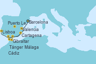 Visitando Barcelona, Valencia, Cartagena (Murcia), Málaga, Gibraltar (Inglaterra), Tánger (Marruecos), Cádiz (España), Puerto Leixões (Portugal), Puerto Leixões (Portugal), Lisboa (Portugal)