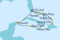 Visitando Fort Lauderdale (Florida/EEUU), Isla Pequeña (San Salvador/Bahamas), Ocho Ríos (Jamaica), Gran Caimán (Islas Caimán), Cozumel (México), Fort Lauderdale (Florida/EEUU), Nassau (Bahamas), Grand Turks(Turks & Caicos), Amber Cove (República Dominicana), Isla Pequeña (San Salvador/Bahamas), Fort Lauderdale (Florida/EEUU)