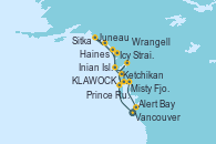 Visitando Vancouver (Canadá), Ketchikan (Alaska), KLAWOCK, Sitka (Alaska), Inian Islands (Alaska/Usa), Icy Strait Point (Alaska), Haines (Alaska), Juneau (Alaska), Wrangell (Alaska), Misty Fjords (CRUCERO), Prince Rupert (Canadá), Alert Bay (Canada), Vancouver (Canadá)