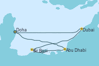 Visitando Doha (Catar), Doha (Catar), Abu Dhabi (Emiratos Árabes Unidos), Sir Bani Yas Is (Emiratos Árabes Unidos), Dubai, Dubai, Doha (Catar)