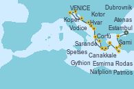 Visitando Estambul (Turquía), Canakkale (Turquía), Esmirna (Turquía), Patmos (Grecia), Rodas (Grecia), Spetses (Grecia), Atenas (Grecia), Gythion (Grecia), Sarande (Albania), Dubrovnik (Croacia), Hvar (Croacia), Koper (Eslovenia), VENICE (FUSINA) -  ITALY, Vodice (Croacia), Kotor (Montenegro), Corfú (Grecia), Sami (Cefalonia/Grecia), Nafplion (Grecia), Atenas (Grecia)