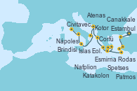 Visitando Estambul (Turquía), Canakkale (Turquía), Esmirna (Turquía), Patmos (Grecia), Rodas (Grecia), Spetses (Grecia), Atenas (Grecia), Nafplion (Grecia), Katakolon (Olimpia/Grecia), Corfú (Grecia), Kotor (Montenegro), Brindisi (Italia), Islas Eolias, Lipari (Sicilia), Nápoles (Italia), Civitavecchia (Roma)