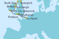 Visitando Southampton (Inglaterra), South Queensferry (Escocia), Invergordon (Escocia), Greenock (Escocia), Belfast (Irlanda), Dun Laoghaire (Dublin/Irlanda), Cobh, Cork (Irlanda), Portland, Dorset (Reino Unido), Le Havre (Francia), Southampton (Inglaterra)