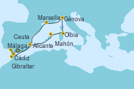 Visitando Málaga, Cádiz (España), Gibraltar (Inglaterra), Ceuta (España), Alicante (España), Mahón (Menorca/España), Olbia (Cerdeña), Génova (Italia), Marsella (Francia), Málaga