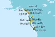 Visitando Vancouver (Canadá), Ketchikan (Alaska), Sitka (Alaska), Hubbard Glacier, Alaska, Icy Strait Point (Alaska), Inian Islands (Alaska/Usa), Haines (Alaska), Juneau (Alaska), Wrangell (Alaska), Misty Fjords (CRUCERO), Prince Rupert (Canadá), Alert Bay (Canada), Vancouver (Canadá)