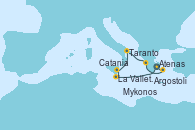 Visitando Atenas (Grecia), La Valletta (Malta), Catania (Sicilia), Taranto (Italia), Argostoli (Grecia), Mykonos (Grecia), Atenas (Grecia)