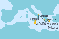 Visitando Atenas (Grecia), La Valletta (Malta), Catania (Sicilia), Taranto (Italia), Katakolon (Olimpia/Grecia), Mykonos (Grecia), Atenas (Grecia)