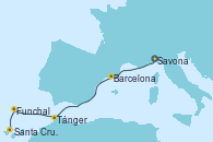 Visitando Savona (Italia), Barcelona, Tánger (Marruecos), Funchal (Madeira), Santa Cruz de Tenerife (España)