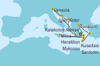 Visitando Atenas (Grecia), Tesalónica (Grecia), Kusadasi (Efeso/Turquía), Heraklion (Creta), Santorini (Grecia), Santorini (Grecia), Mykonos (Grecia), Mykonos (Grecia), Milos (Grecia), Atenas (Grecia), Kotor (Montenegro), Split (Croacia), Venecia (Italia), Katakolon (Olimpia/Grecia), Atenas (Grecia)