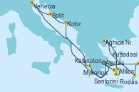 Visitando Atenas (Grecia), Kotor (Montenegro), Split (Croacia), Venecia (Italia), Katakolon (Olimpia/Grecia), Atenas (Grecia), Kusadasi (Efeso/Turquía), Rodas (Grecia), Aghios Nikolaos (Grecia), Santorini (Grecia), Mykonos (Grecia), Mykonos (Grecia), Milos (Grecia), Atenas (Grecia)