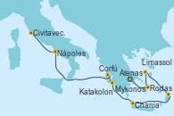 Visitando Atenas (Grecia), Mykonos (Grecia), Limassol (Chipre), Rodas (Grecia), Chania (Creta/Grecia), Katakolon (Olimpia/Grecia), Corfú (Grecia), Nápoles (Italia), Civitavecchia (Roma)