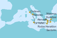 Visitando Atenas (Grecia), Mykonos (Grecia), Kusadasi (Efeso/Turquía), Rodas (Grecia), Santorini (Grecia), Heraklion (Creta), La Valletta (Malta), Nápoles (Italia), Civitavecchia (Roma)