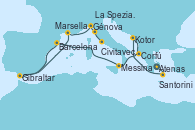 Visitando Atenas (Grecia), Santorini (Grecia), Kotor (Montenegro), Corfú (Grecia), Messina (Sicilia), Barcelona, Gibraltar (Inglaterra), Marsella (Francia), Génova (Italia), La Spezia, Florencia y Pisa (Italia), Civitavecchia (Roma)