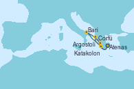 Visitando Atenas (Grecia), Katakolon (Olimpia/Grecia), Corfú (Grecia), Argostoli (Grecia), Bari (Italia), Atenas (Grecia)