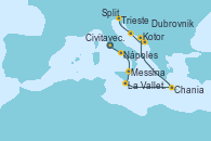 Visitando Civitavecchia (Roma), Nápoles (Italia), Messina (Sicilia), La Valletta (Malta), Chania (Creta/Grecia), Kotor (Montenegro), Dubrovnik (Croacia), Split (Croacia), Trieste (Italia)