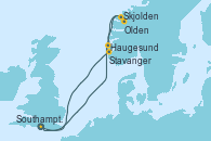 Visitando Southampton (Inglaterra), Haugesund (Noruega), Skjolden (Noruega), Olden (Noruega), Stavanger (Noruega), Southampton (Inglaterra)