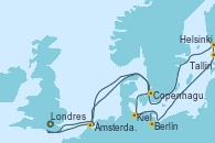 Visitando Londres (Reino Unido), Copenhague (Dinamarca), Kiel (Alemania), Berlín (Alemania), Tallin (Estonia), Helsinki (Finlandia), Ámsterdam (Holanda), Londres (Reino Unido)