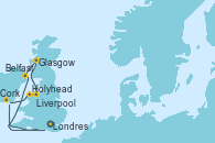 Visitando Londres (Reino Unido), Cork (Irlanda), Holyhead (Gales/Reino Unido), Liverpool (Reino Unido), Glasgow (Escocia), Glasgow (Escocia), Belfast (Irlanda), Londres (Reino Unido)