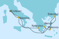 Visitando Civitavecchia (Roma), Katakolon (Olimpia/Grecia), Estambul (Turquía), Mykonos (Grecia), Atenas (Grecia), Nápoles (Italia), Civitavecchia (Roma)