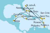 Visitando Fort Lauderdale (Florida/EEUU), Isla Pequeña (San Salvador/Bahamas), Saint Thomas (Islas Vírgenes), St. John´s (Antigua y Barbuda), Pointe a Pitre (Guadalupe), Roseau (Dominica), San Cristóbal y Nieves, Philipsburg (St. Maarten), Fort Lauderdale (Florida/EEUU), Isla Pequeña (San Salvador/Bahamas), Falmouth (Jamaica), Gran Caimán (Islas Caimán), Belize (Caribe), Cozumel (México), Nassau (Bahamas), Fort Lauderdale (Florida/EEUU)