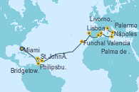 Visitando Miami (Florida/EEUU), Philipsburg (St. Maarten), St. John´s (Antigua y Barbuda), Bridgetown (Barbados), Funchal (Madeira), Lisboa (Portugal), Valencia, Palma de Mallorca (España), Palermo (Italia), Nápoles (Italia), Livorno, Pisa y Florencia (Italia)