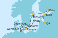 Visitando Warnemunde (Alemania), Roenne (Dinamarca), Visby (Suecia), Riga (Letonia), Tallin (Estonia), Kotka (Finlandia), Estocolmo (Suecia), Estocolmo (Suecia), Copenhague (Dinamarca), Karlskrona (Suecia), Warnemunde (Alemania)