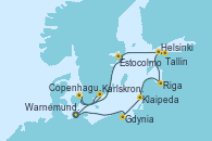 Visitando Warnemunde (Alemania), Gdynia (Polonia), Klaipeda (Lituania), Riga (Letonia), Helsinki (Finlandia), Tallin (Estonia), Estocolmo (Suecia), Estocolmo (Suecia), Copenhague (Dinamarca), Karlskrona (Suecia), Warnemunde (Alemania)