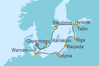 Visitando Copenhague (Dinamarca), Karlskrona (Suecia), Warnemunde (Alemania), Gdynia (Polonia), Klaipeda (Lituania), Riga (Letonia), Helsinki (Finlandia), Tallin (Estonia), Estocolmo (Suecia), Estocolmo (Suecia), Copenhague (Dinamarca)