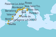 Visitando Montecarlo (Mónaco), Portoferraio (Italia), Porto Venere (Italia), Niza (Francia), La Joliette (Francia), La Joliette (Francia), Sete (Francia), Rosas (Girona/España), Palamos (Gerona/España), Barcelona, Valencia, Cartagena (Murcia), Motril (Granada/Andalucía), Melilla (España), Palma de Mallorca (España), Saint Tropez (Francia), LA CIOTAT, Barcelona