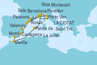 Visitando Montecarlo (Mónaco), Portoferraio (Italia), Porto Venere (Italia), Niza (Francia), La Joliette (Francia), La Joliette (Francia), Sete (Francia), Rosas (Girona/España), Palamos (Gerona/España), Barcelona, Valencia, Cartagena (Murcia), Motril (Granada/Andalucía), Melilla (España), Palma de Mallorca (España), Saint Tropez (Francia), LA CIOTAT, Barcelona, Palamos (Gerona/España), Rosas (Girona/España), Sete (Francia), La Joliette (Francia), La Joliette (Francia), Niza (Francia), Portoferraio (Italia), Porto Venere (Italia), Montecarlo (Mónaco)