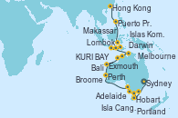 Visitando Sydney (Australia), Sydney (Australia), Melbourne (Australia), Melbourne (Australia), Hobart (Australia), Portland (Australia), Isla Canguro (Australia), Adelaide (Australia), Perth (Australia), Exmouth (Australia), Broome (Australia), KURI BAY, Darwin (Australia), Lombok (Indonesia), Bali (Indonesia), Islas Komodo (Indonesia), Makassar (Ujung Pandang/Indonesia), Puerto Princesa Palawan (Filipinas), Hong Kong (China)