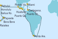 Visitando Papeete (Tahití), Raiatea (Polinesia Francesa), Bora Bora (Polinesia), Kahului (Hawai/EEUU), Honolulu (Hawai), Kailua Kona (Hawai/EEUU), Puerto Vallarta (México), Huatulco (México), Puerto Chiapas (México), Puerto Quetzal (Guatemala), Punta Arenas (Chile), Cartagena de Indias (Colombia), Miami (Florida/EEUU)