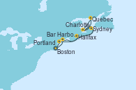 Visitando Boston (Massachusetts), Bar Harbor (Maine), Halifax (Canadá), Sydney (Nueva Escocia/Canadá), Charlottetown (Canadá), Quebec (Canadá), Charlottetown (Canadá), Sydney (Nueva Escocia/Canadá), Halifax (Canadá), Portland (Maine/Estados Unidos), Boston (Massachusetts)