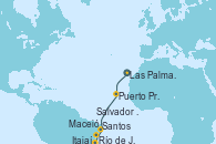 Visitando Las Palmas de Gran Canaria (España), Puerto Praia (Cabo Verde), Maceió (Brasil), Salvador de Bahía (Brasil), Salvador de Bahía (Brasil), Río de Janeiro (Brasil), Itajaí (Brasil), Santos (Brasil)