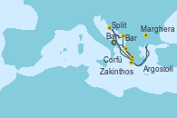 Visitando Bari (Italia), Corfú (Grecia), Zakinthos (Grecia), Argostoli (Grecia), Bar ( Montenegro), Split (Croacia), Marghera (Venecia/Italia), Bari (Italia)