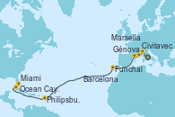 Visitando Civitavecchia (Roma), Génova (Italia), Marsella (Francia), Barcelona, Funchal (Madeira), Philipsburg (St. Maarten), Ocean Cay MSC Marine Reserve (Bahamas), Miami (Florida/EEUU), Miami (Florida/EEUU)