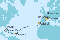 Visitando Génova (Italia), Marsella (Francia), Barcelona, Funchal (Madeira), Philipsburg (St. Maarten), Ocean Cay MSC Marine Reserve (Bahamas), Miami (Florida/EEUU), Miami (Florida/EEUU)