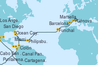 Visitando Génova (Italia), Marsella (Francia), Barcelona, Funchal (Madeira), Philipsburg (St. Maarten), Ocean Cay MSC Marine Reserve (Bahamas), Miami (Florida/EEUU), Miami (Florida/EEUU), Cartagena de Indias (Colombia), Colón (Panamá), Canal Panamá, Canal Panamá, Puntarenas (Costa Rica), Cabo San Lucas (México), San Diego (California/EEUU), Los Ángeles (California), Seattle (Washington/EEUU)