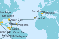 Visitando Marsella (Francia), Barcelona, Funchal (Madeira), Philipsburg (St. Maarten), Ocean Cay MSC Marine Reserve (Bahamas), Miami (Florida/EEUU), Miami (Florida/EEUU), Cartagena de Indias (Colombia), Colón (Panamá), Canal Panamá, Canal Panamá, Puntarenas (Costa Rica), Cabo San Lucas (México), San Diego (California/EEUU), Los Ángeles (California), Seattle (Washington/EEUU)