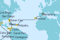 Visitando Barcelona, Funchal (Madeira), Philipsburg (St. Maarten), Ocean Cay MSC Marine Reserve (Bahamas), Miami (Florida/EEUU), Miami (Florida/EEUU), Cartagena de Indias (Colombia), Colón (Panamá), Canal Panamá, Canal Panamá, Puntarenas (Costa Rica), Cabo San Lucas (México), San Diego (California/EEUU), Los Ángeles (California), Seattle (Washington/EEUU)