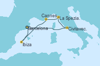 Visitando Barcelona, Civitavecchia (Roma), La Spezia, Florencia y Pisa (Italia), Cannes (Francia), Ibiza (España), Ibiza (España), Barcelona