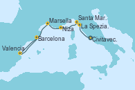 Visitando Civitavecchia (Roma), La Spezia, Florencia y Pisa (Italia), Santa Margarita (Italia), Niza (Francia), Marsella (Francia), Valencia, Barcelona